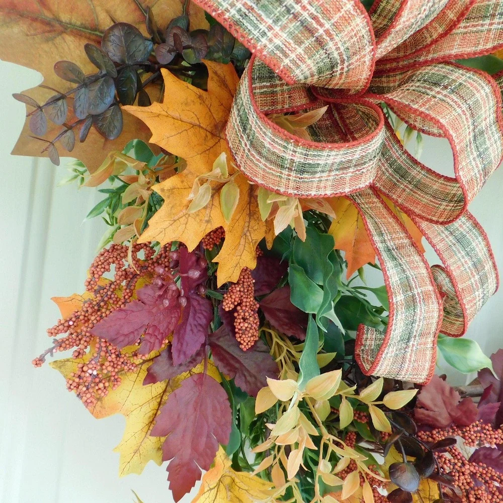 Autumn Crescent Wreath with Plaid Bow, Orange Maple Leaves, Vibrant colors
